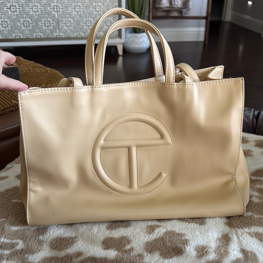 Telfar Tan Tote Bag with Embossed Logo and Sturdy Handles